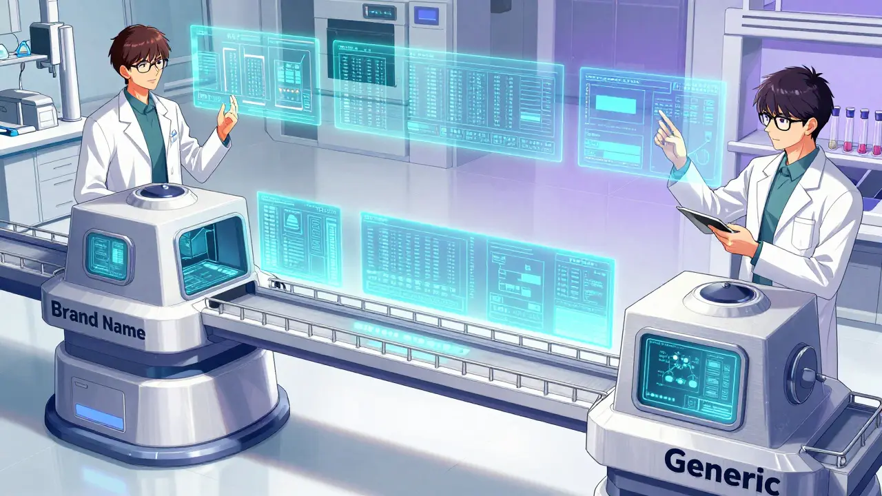 Scientists analyzing precise data bridges between brand and generic drugs