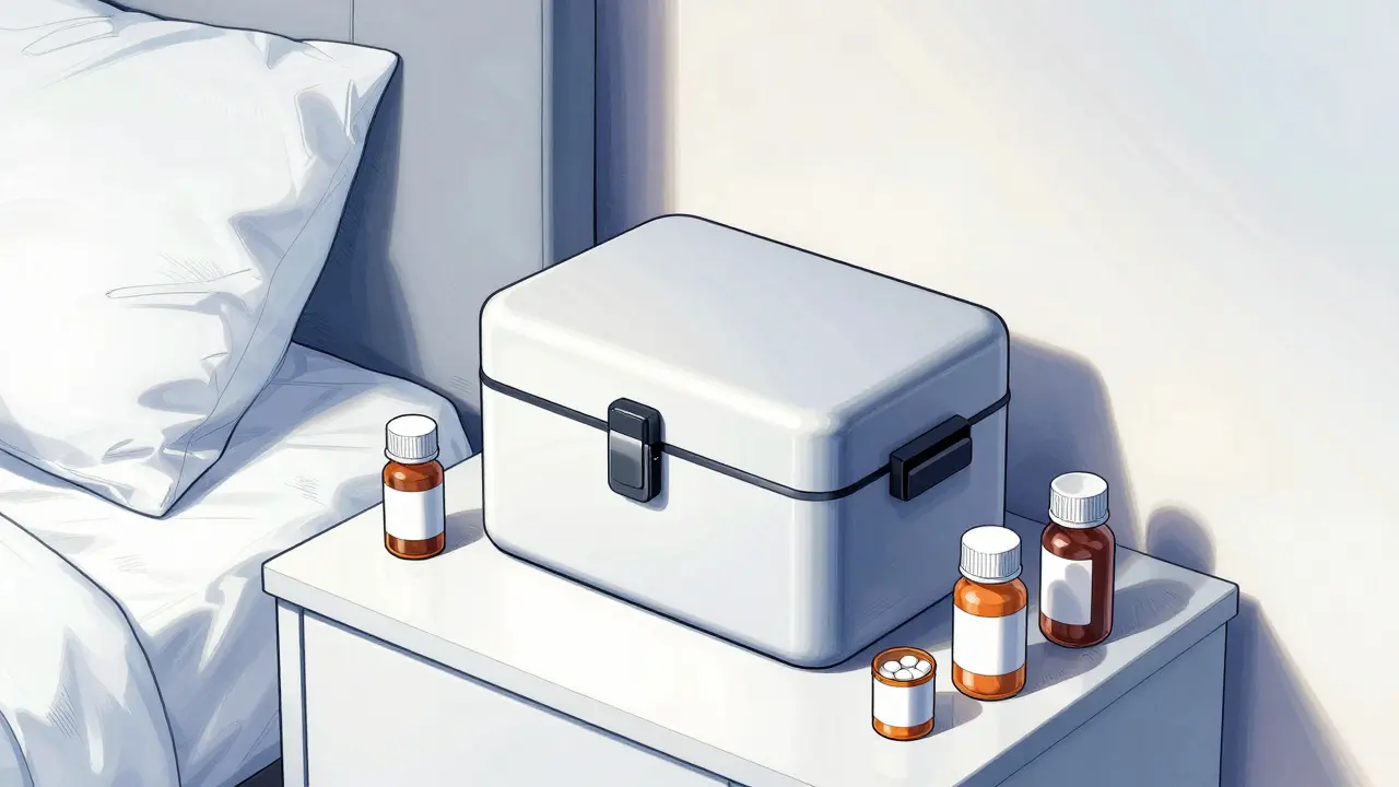 Secure lockbox with medications on a clean bedside table in a quiet room