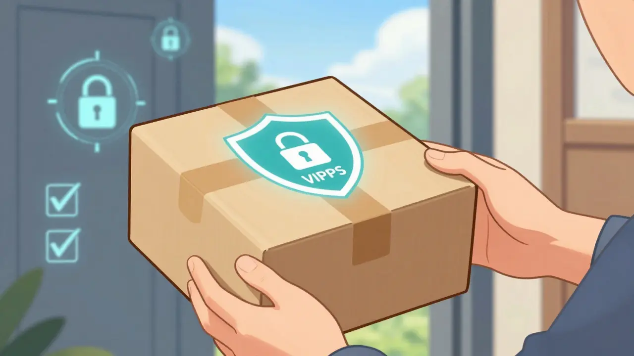 Secure medicine package with safety seal being delivered to a door.