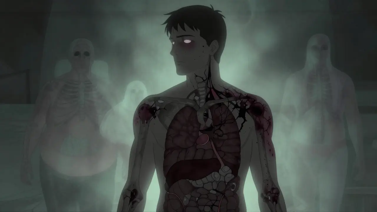 Silhouette showing bone cracks and eye damage from long-term steroid use