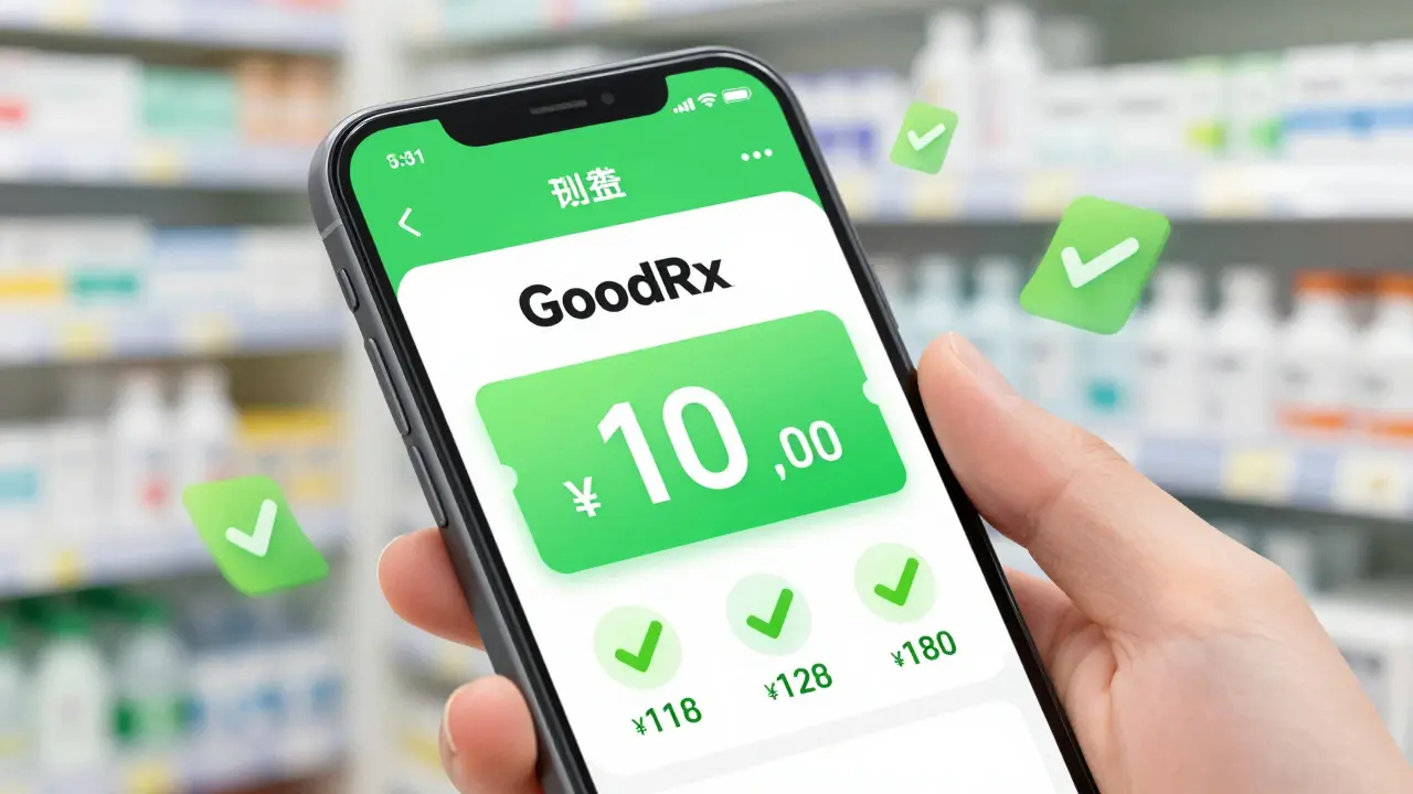 Smartphone displaying discount coupons for affordable medication prices.