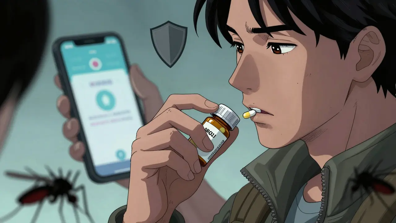 Character taking malaria prevention pills with phone alarm in background