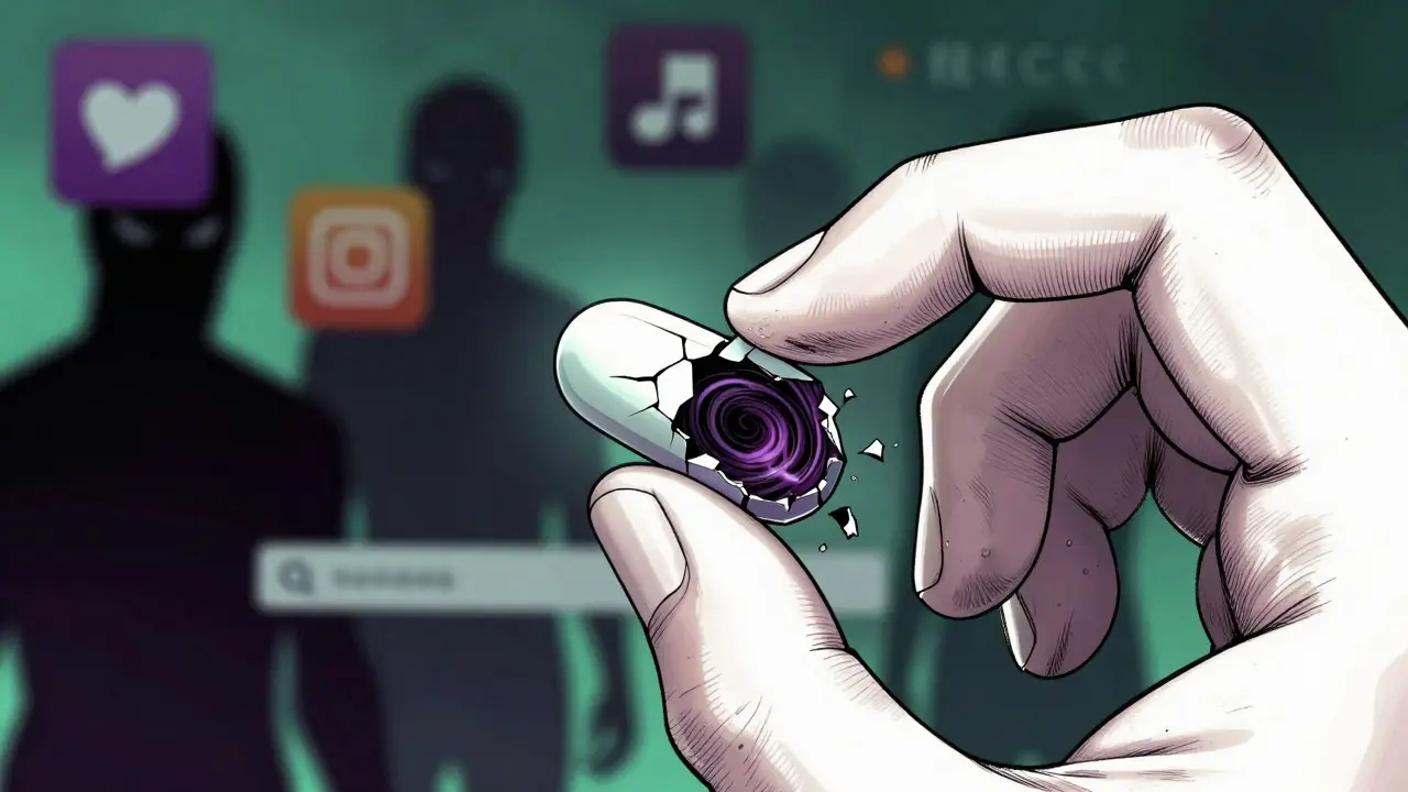 Close up of pill cracking open revealing dark toxic energy in manhua style
