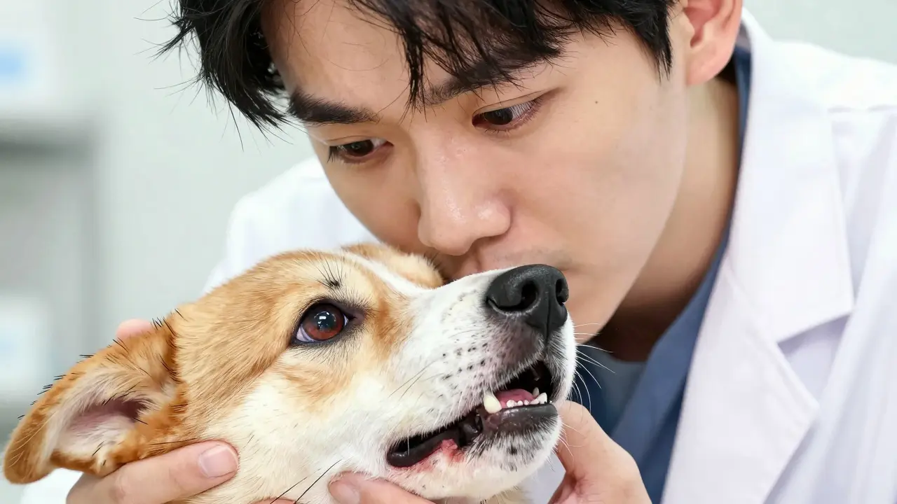 Close up of vet checking dog's dilated pupils and gums for toxicity