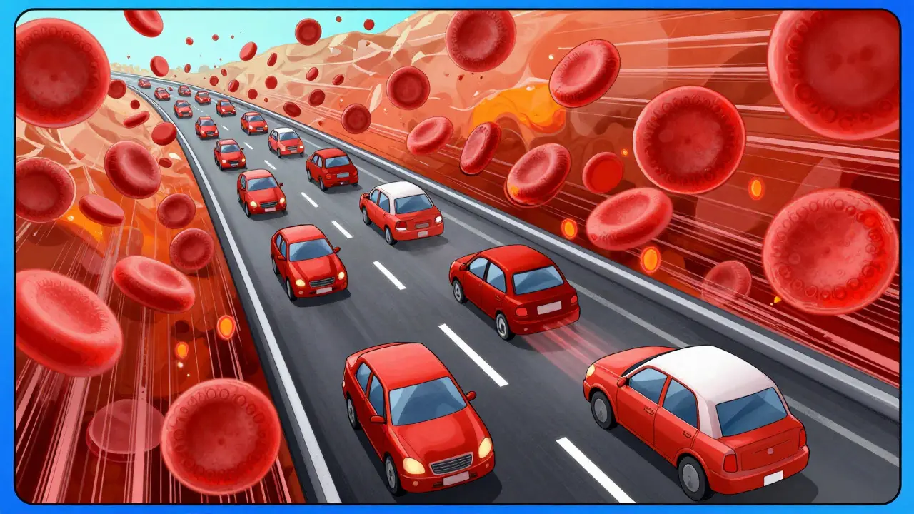 Conceptual art of blood cells as cars on a highway with missing traffic.