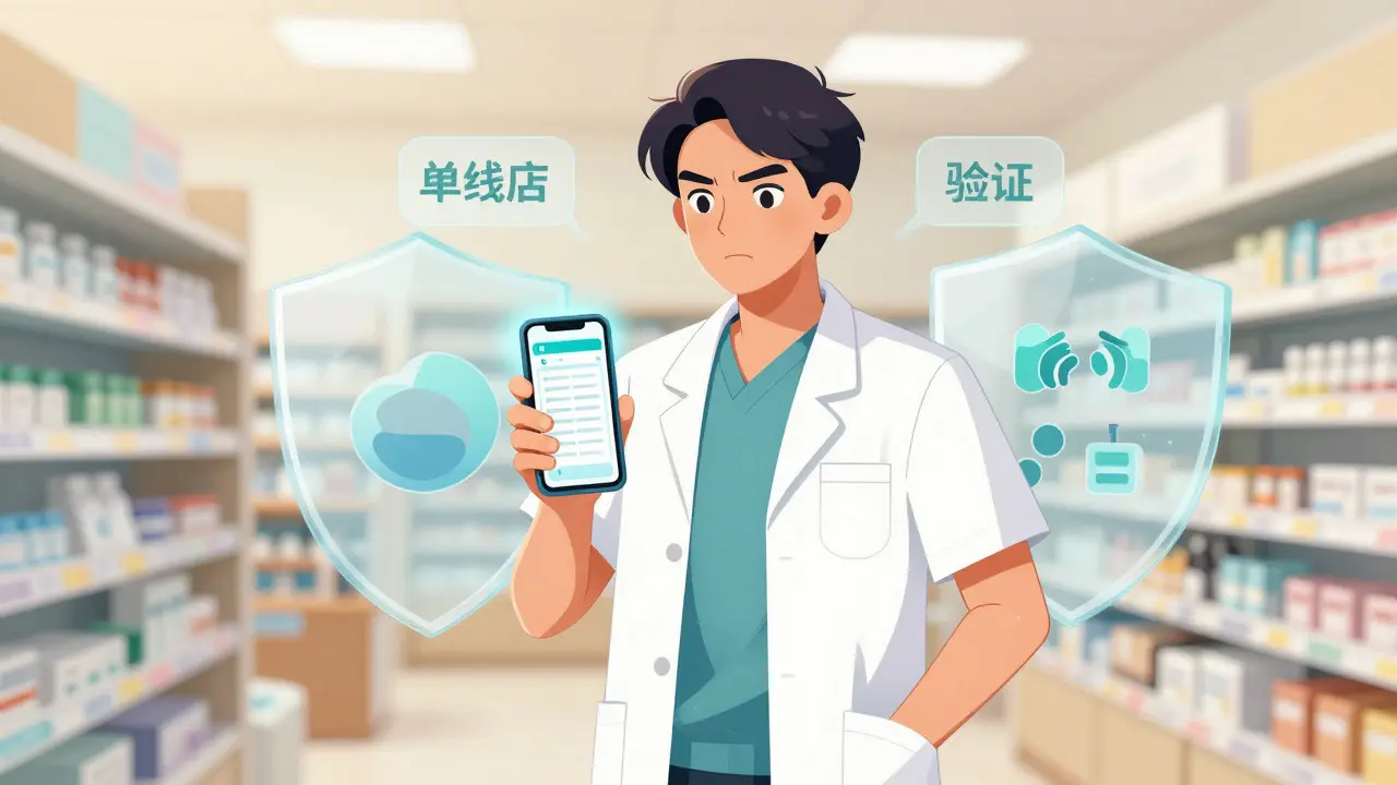 Confident patient checking meds on phone with protective shields