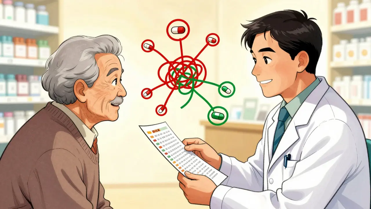 Doctor and patient reviewing medications with tangled risk threads