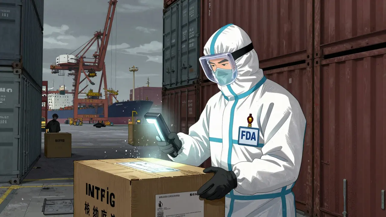 FDA inspector scanning crates at a busy port during a physical drug inspection.