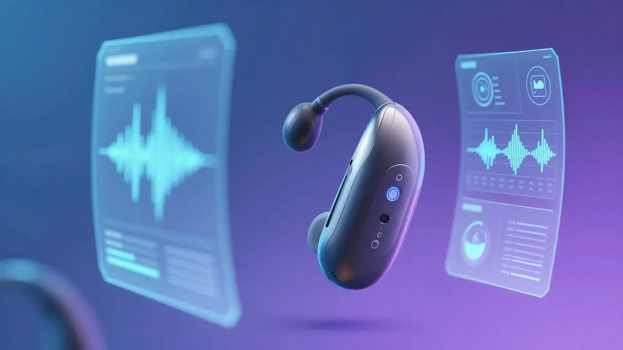 Futuristic hearing aid with holographic AI interface elements in Manhua style.