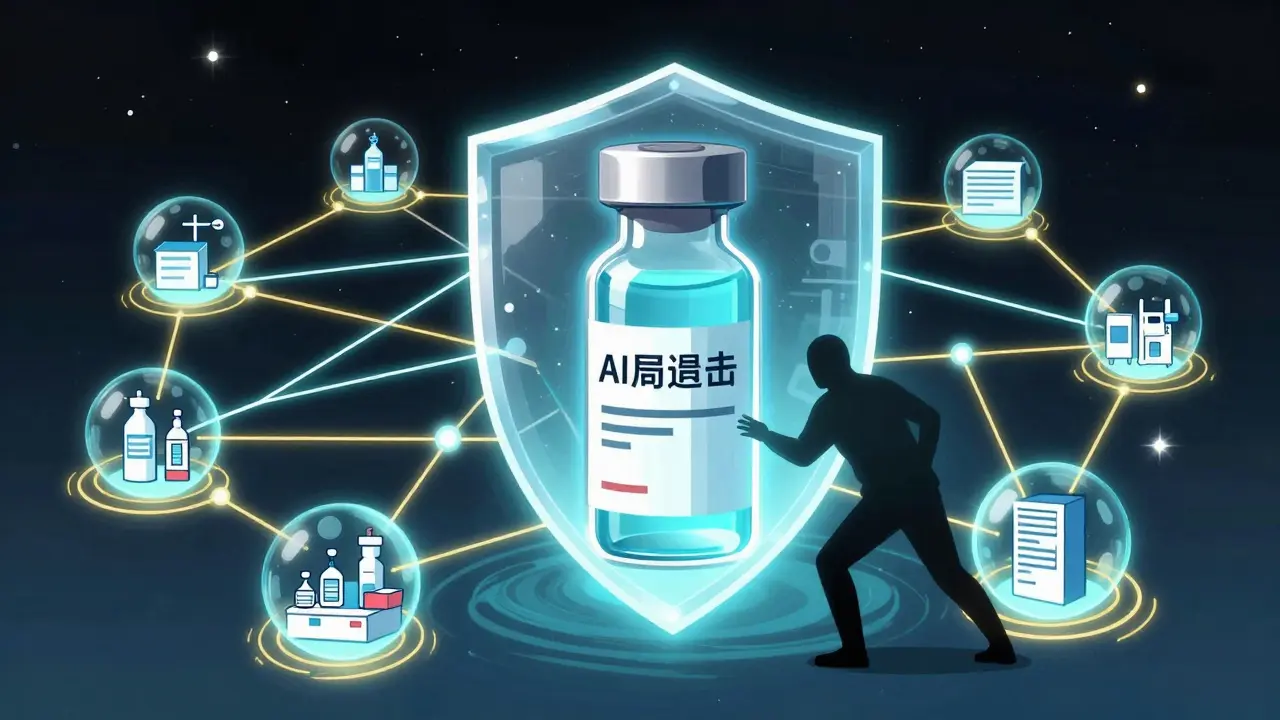 Glowing blockchain network securing pharmaceutical supply chains against counterfeits.