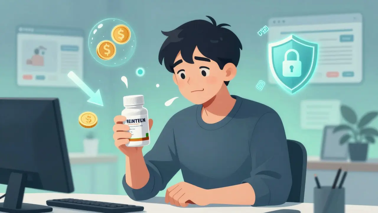 Happy person saving money on generic allergy pills with digital icons