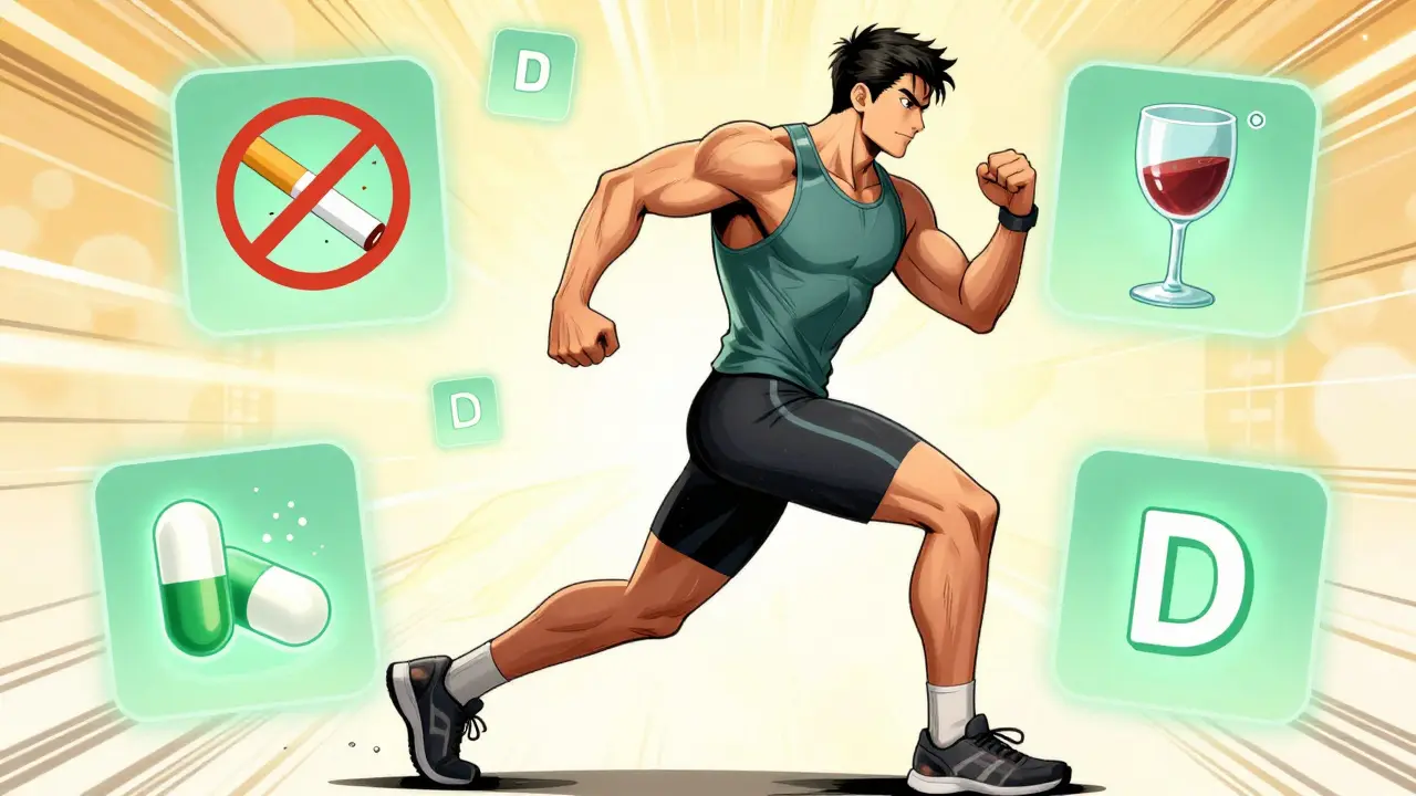 Manhua illustration of an active person exercising, surrounded by icons for quitting smoking, limiting alcohol, and taking supplements.