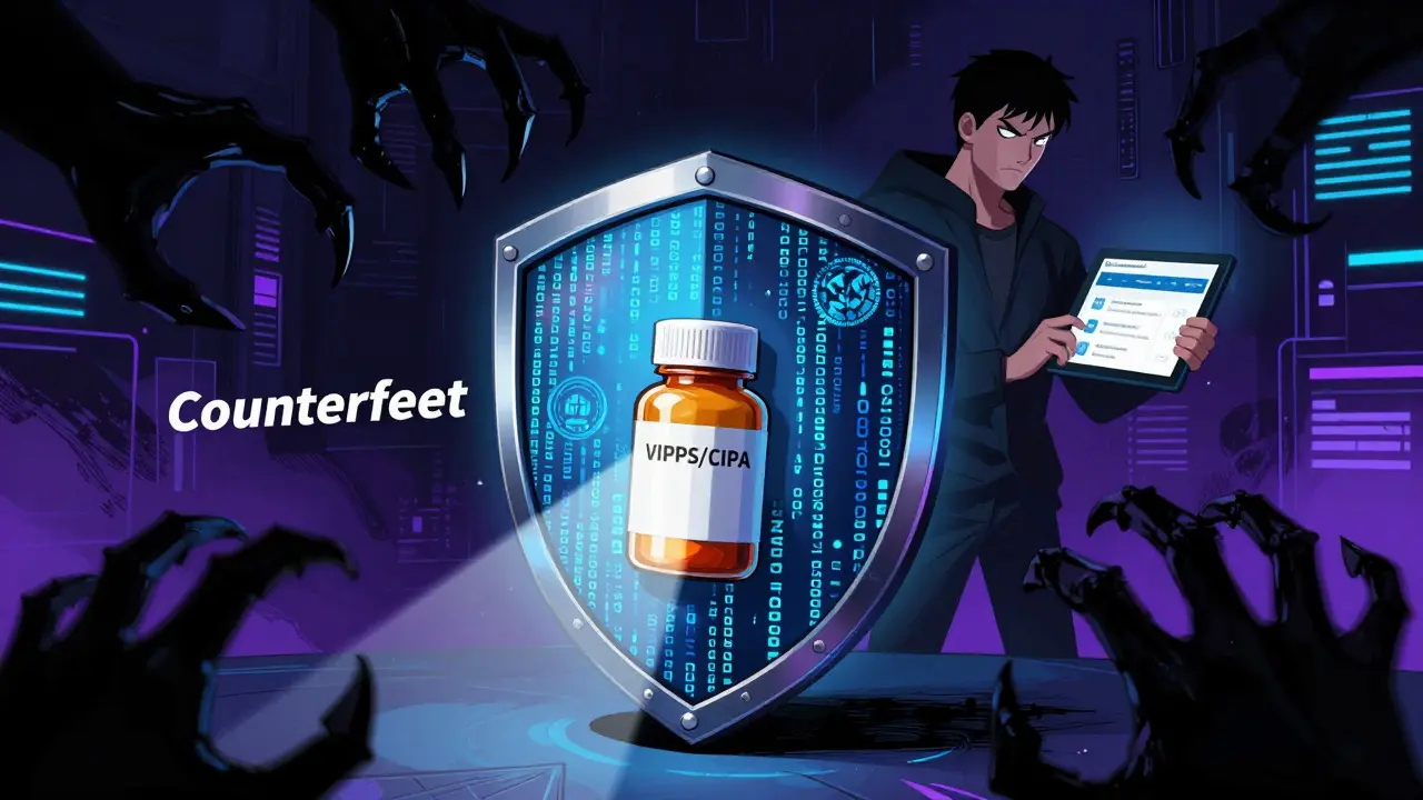 Manhua illustration of digital shield protecting generic pills