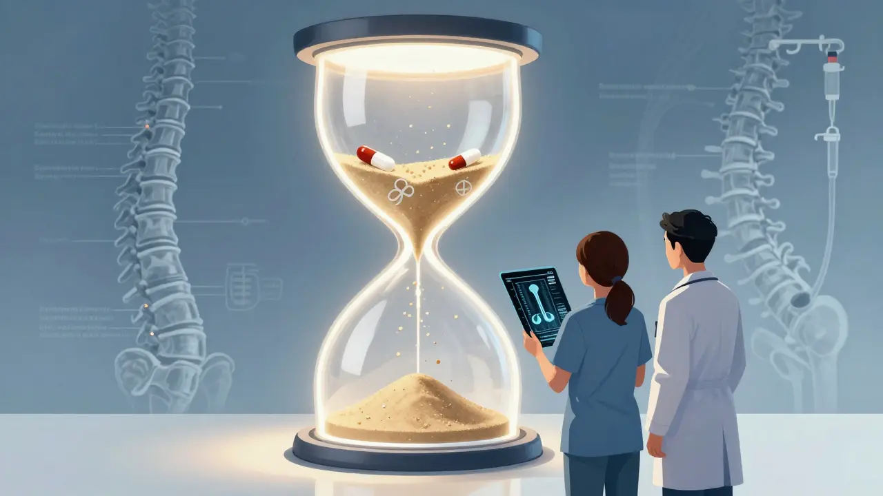 Manhua style image of a doctor and patient reviewing a scan, with medical treatments blocking bone loss in a glowing hourglass.