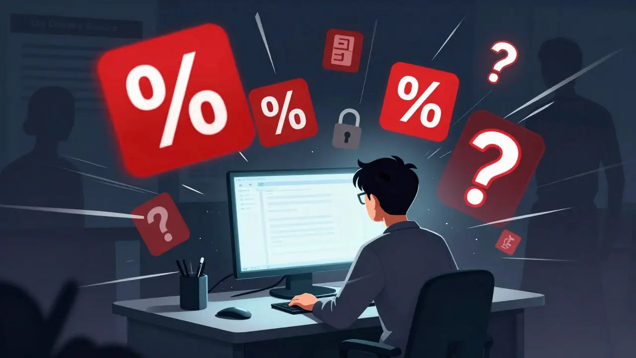 Person checking online pharmacy with floating symbols of discount scams