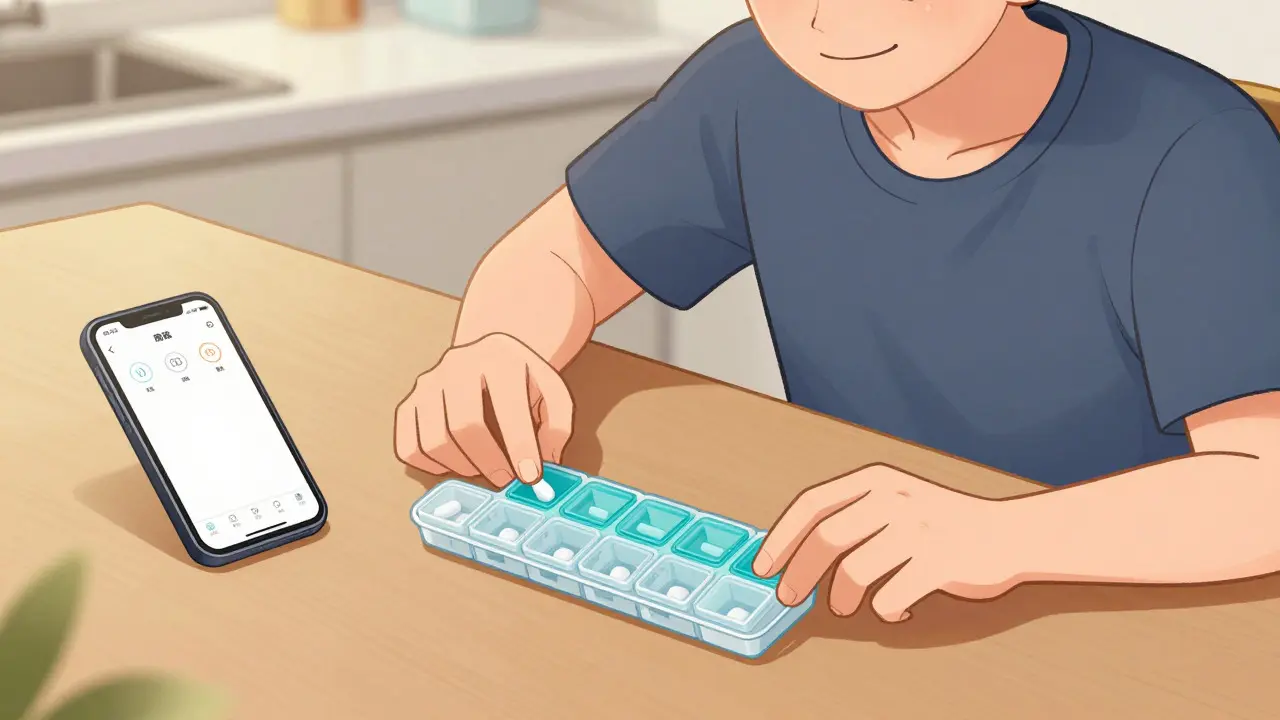 Person happily checking a weekly pill organizer next to a smartphone.
