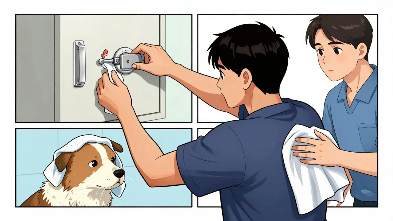 Person locking medicine cabinet and cooling a sick pet with towels