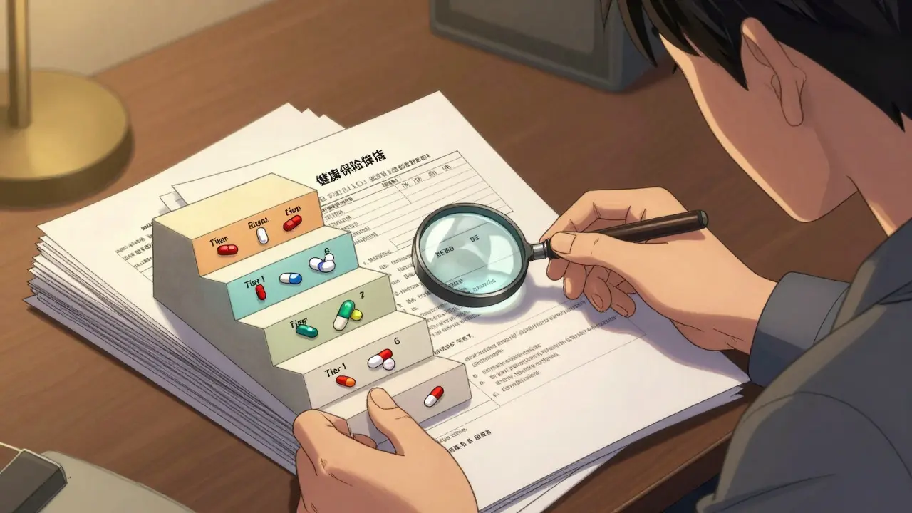 Person reviewing insurance formulary tiers and deductible details