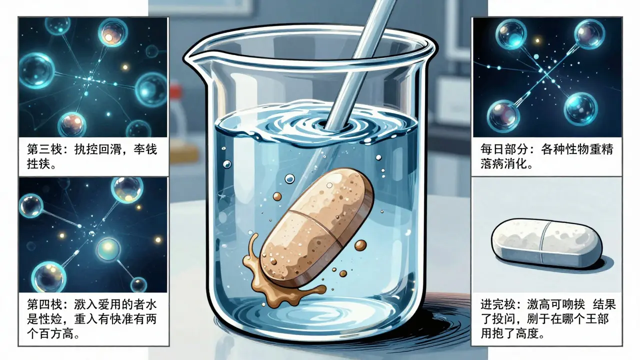 Pill dissolving rapidly in water beaker during a dissolution test