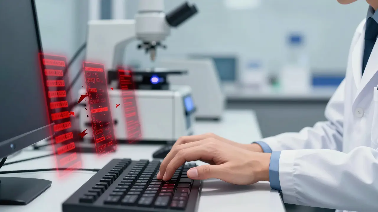 Scientist altering data in lab with ghostly digital warnings