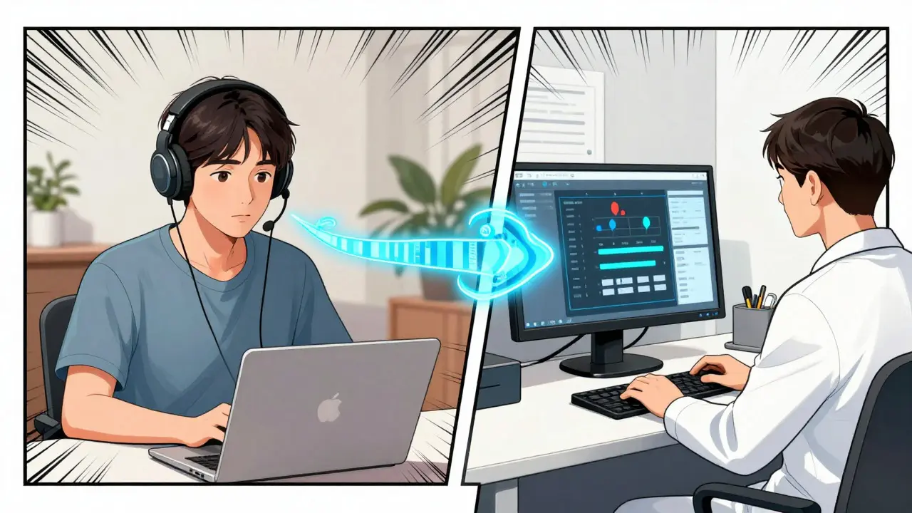 Split screen showing patient and audiologist connected via video call for hearing adjustment.