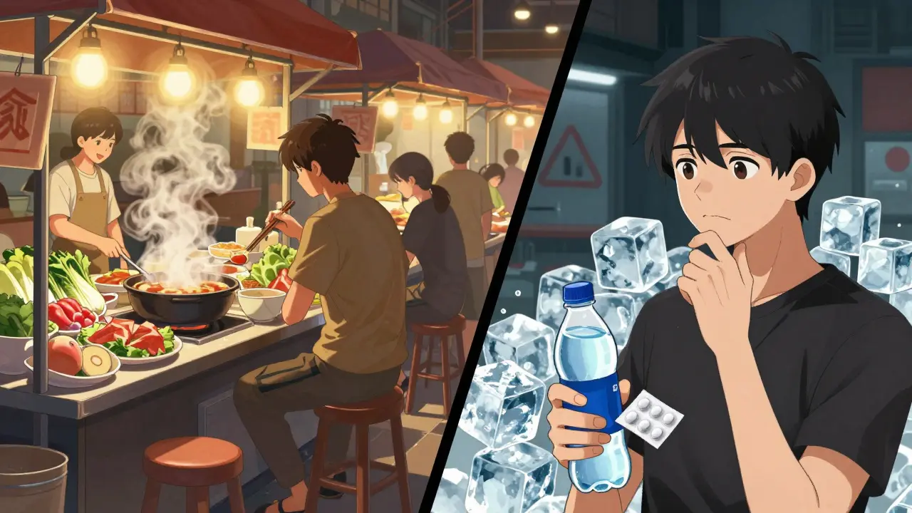 Street food scene showing safe cooking practices and hygiene tips