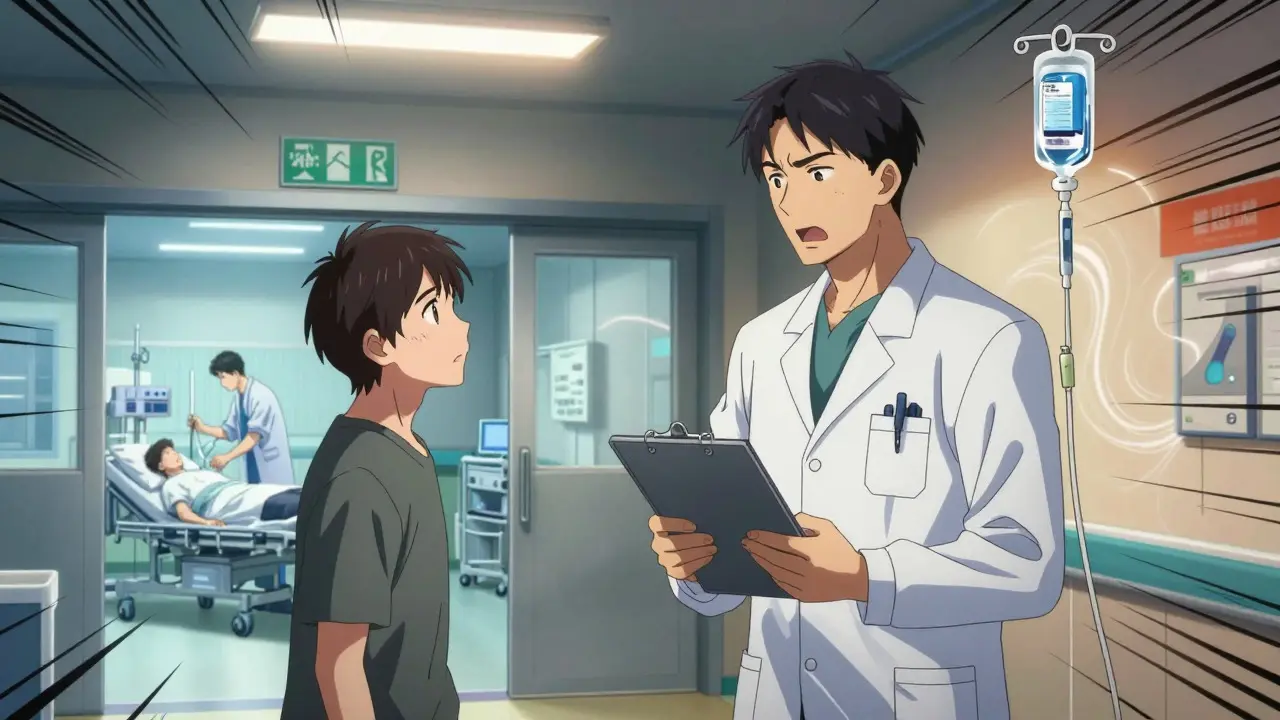 Anime style scene of a doctor treating a patient in a hospital emergency room