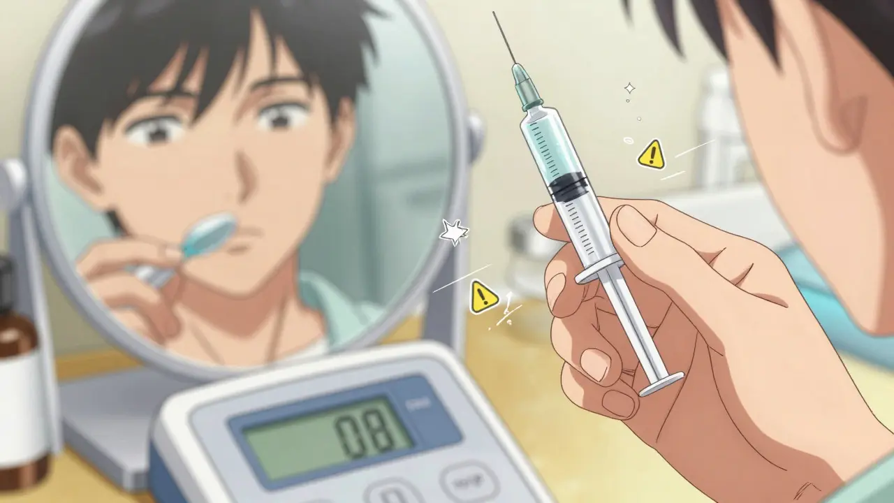 Close-up of a hand carefully measuring liquid medication with a syringe in anime style
