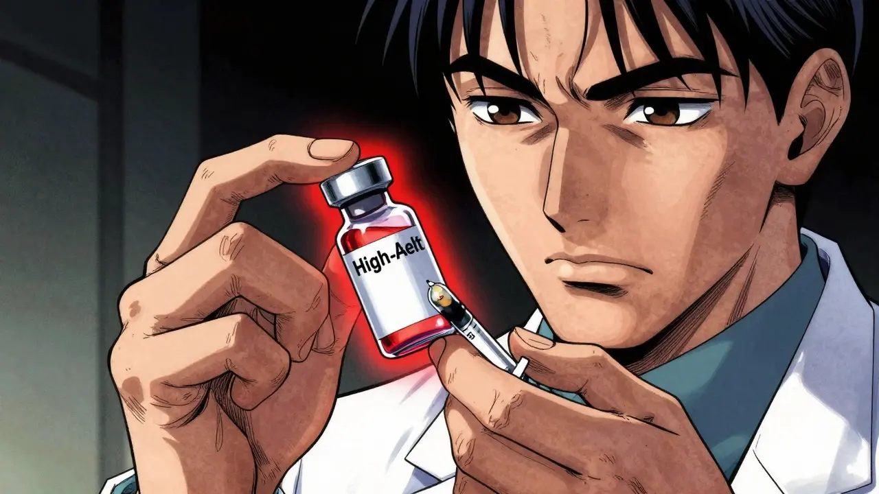 Close-up of pharmacist verifying high-alert medication with caution