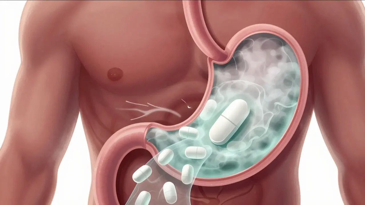 Conceptual manhua art showing a pill failing to dissolve in the stomach