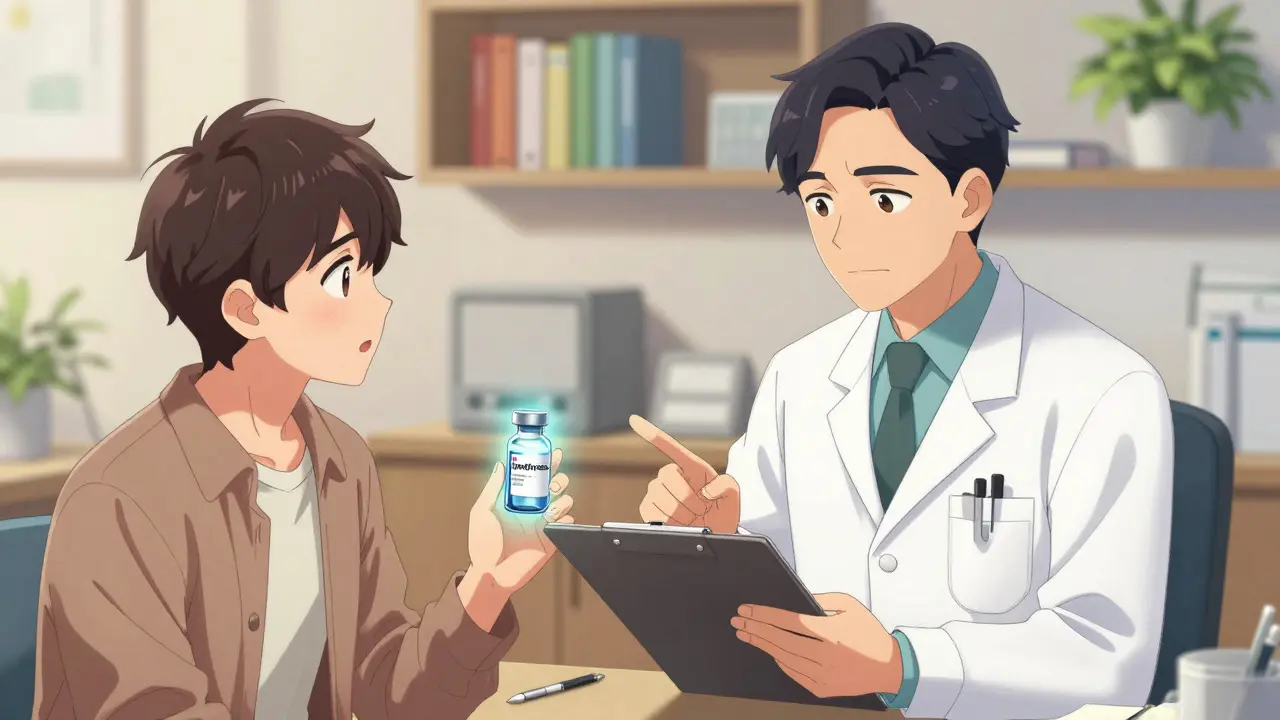 Doctor and patient discussing medication changes in a manhua style clinic