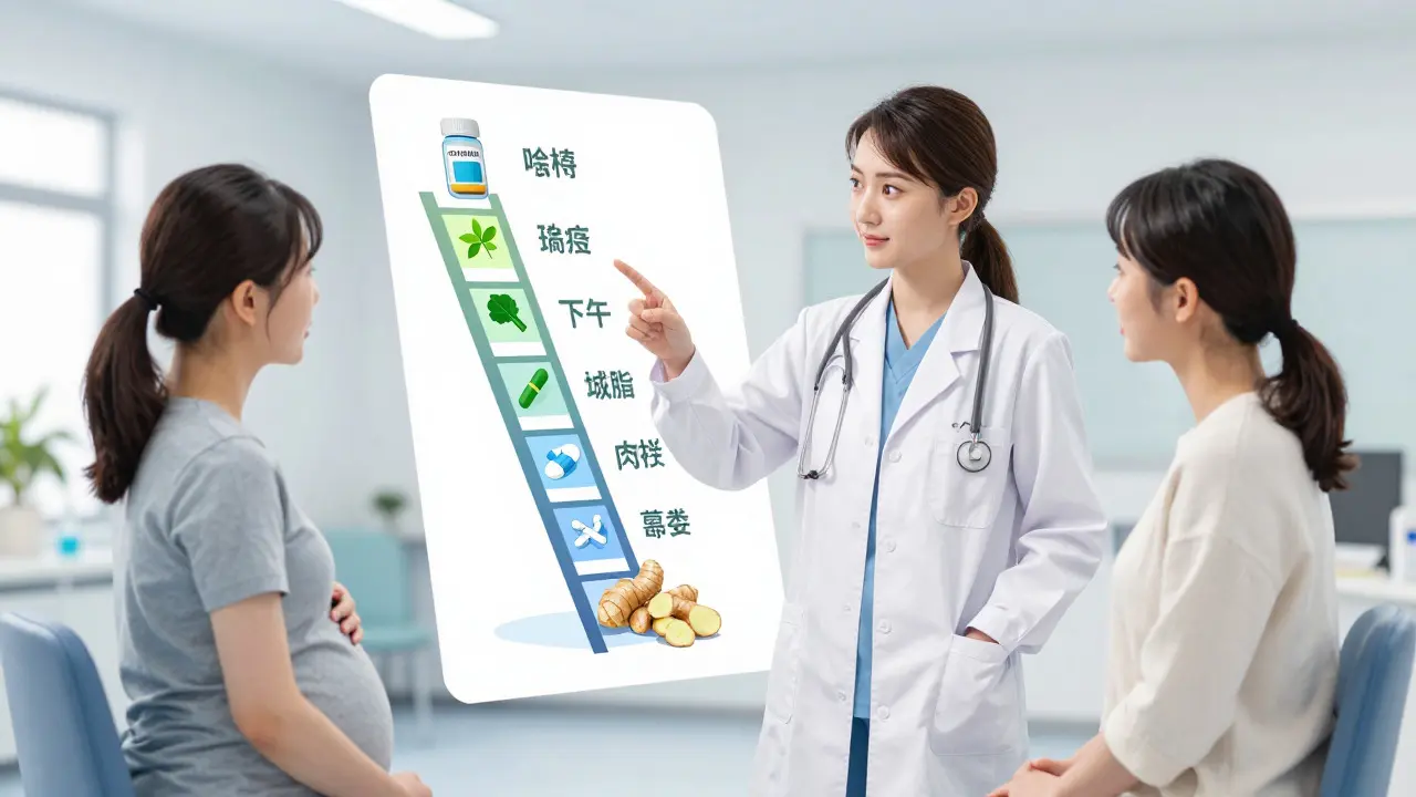 Doctor explaining nausea treatment steps to a pregnant patient in a clinic