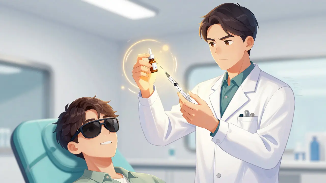 Doctor holding steroid drops and syringe with healing aura in manhua style.