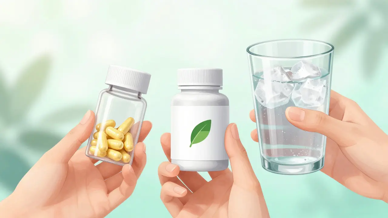 Hands holding ginger capsules, vitamin pills, and a glass of water