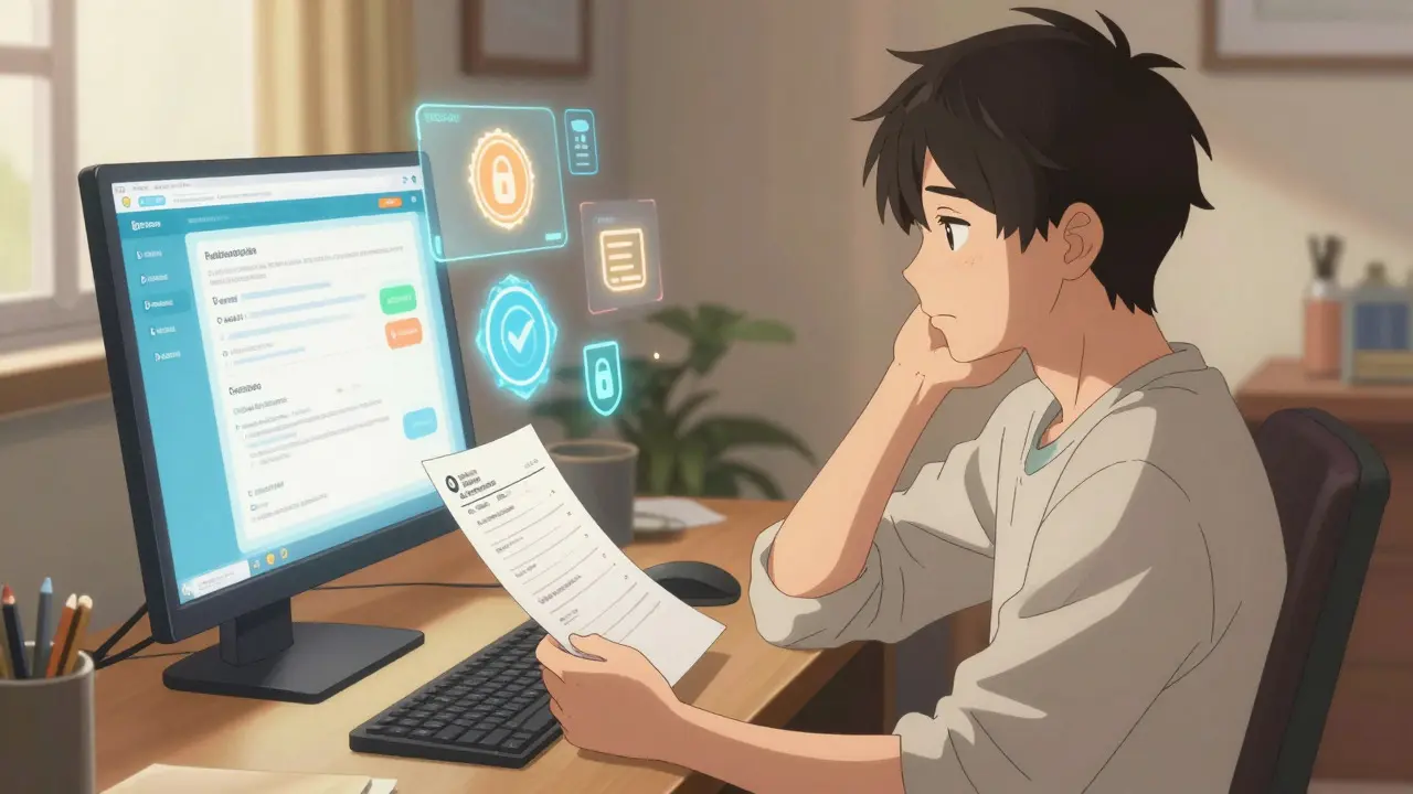 Person securely ordering medication online from a home office