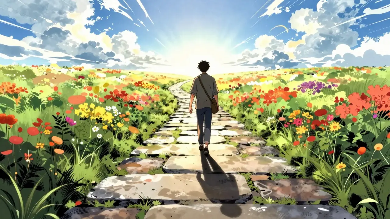 Person walking a path toward a bright horizon with stepping stones behind them