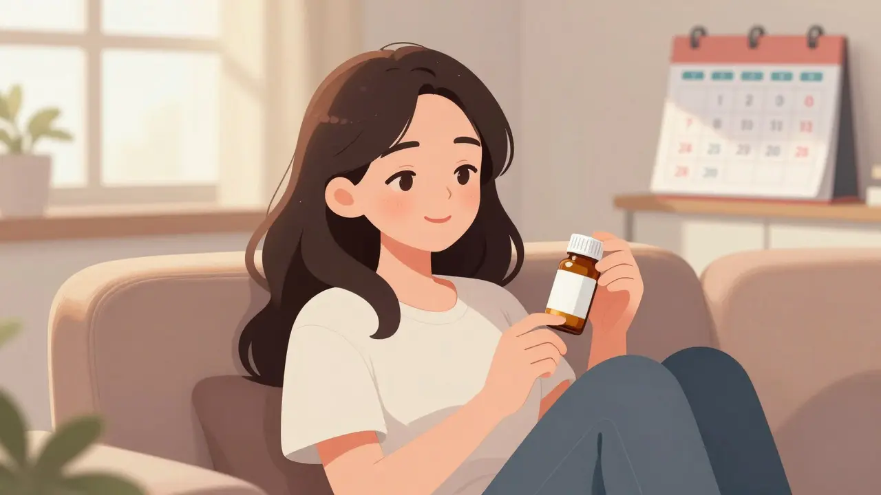Relieved woman holding medication in sunny room