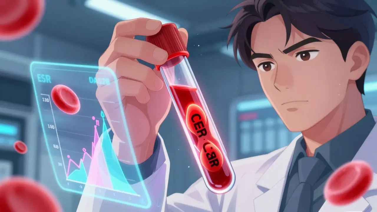 Stylized depiction of blood tests measuring inflammation