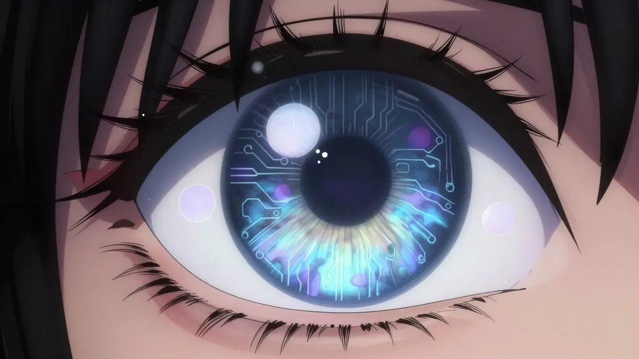 Stylized eye anatomy showing inflamed uvea layers and floaters in manhua art style.