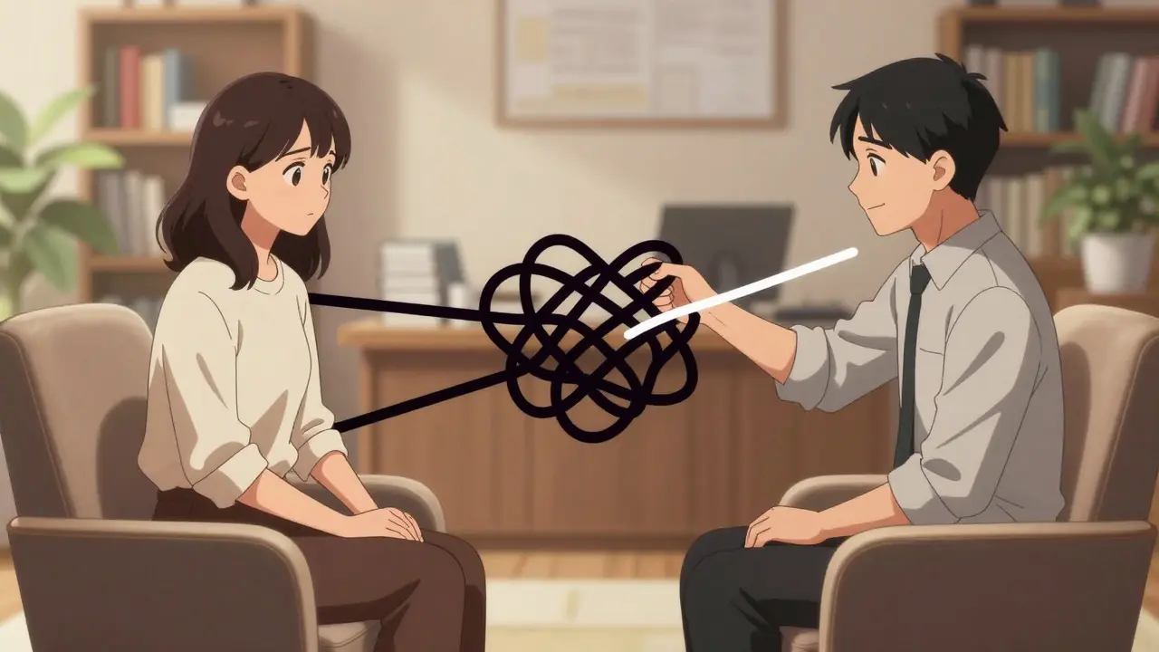 Therapist and client in session with a visual metaphor of untangling anxious thoughts