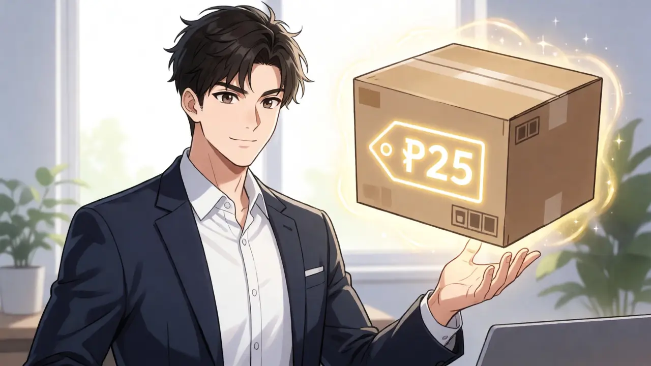 Character receiving a glowing delivery package representing direct-to-patient savings