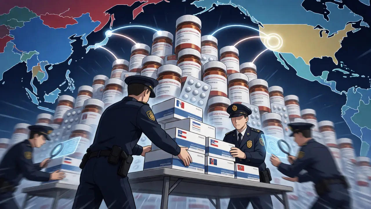 Dynamic anime scene of officers seizing large piles of counterfeit medications during a global enforcement operation.