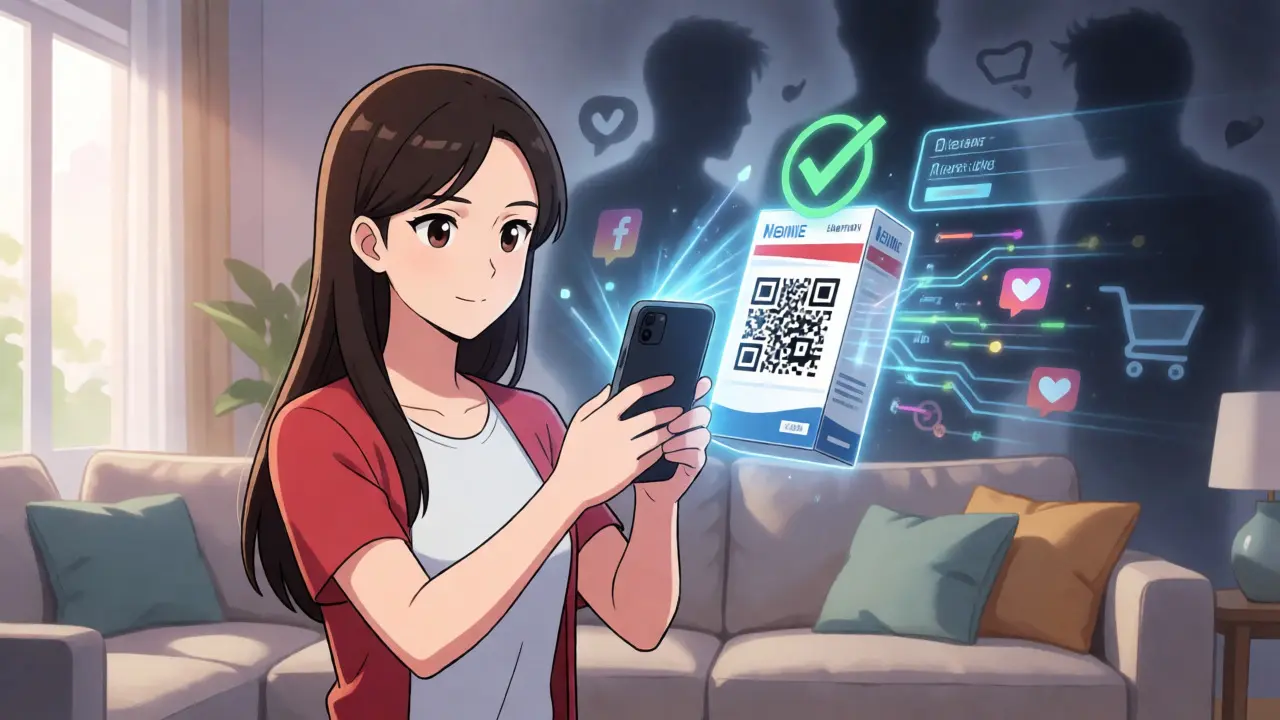 Woman scanning a medicine box with a smartphone, projecting a digital verification hologram in a modern home setting.